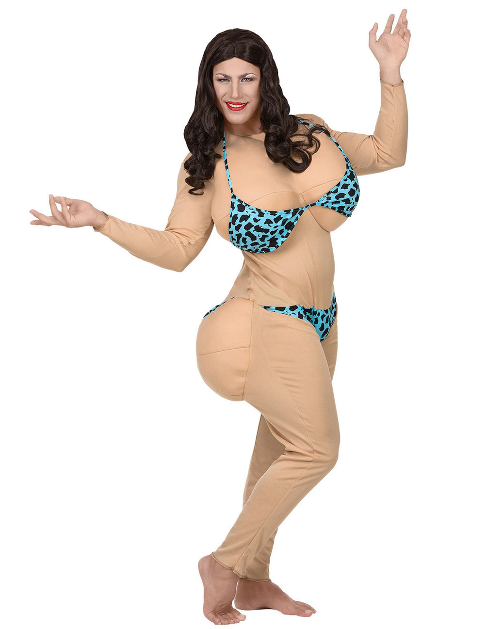 Déguisement bimbo des plages pour adulte chair avec bikini bleu léopard rembourré