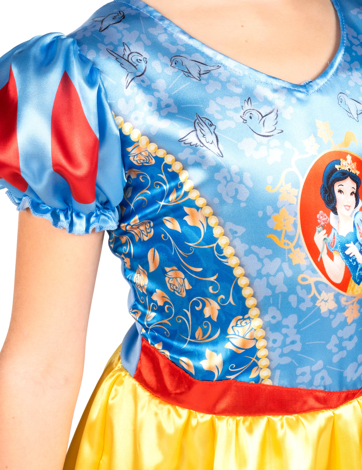 Détail des motifs et du portrait sur le bustier du déguisement Blanche Neige™ basique