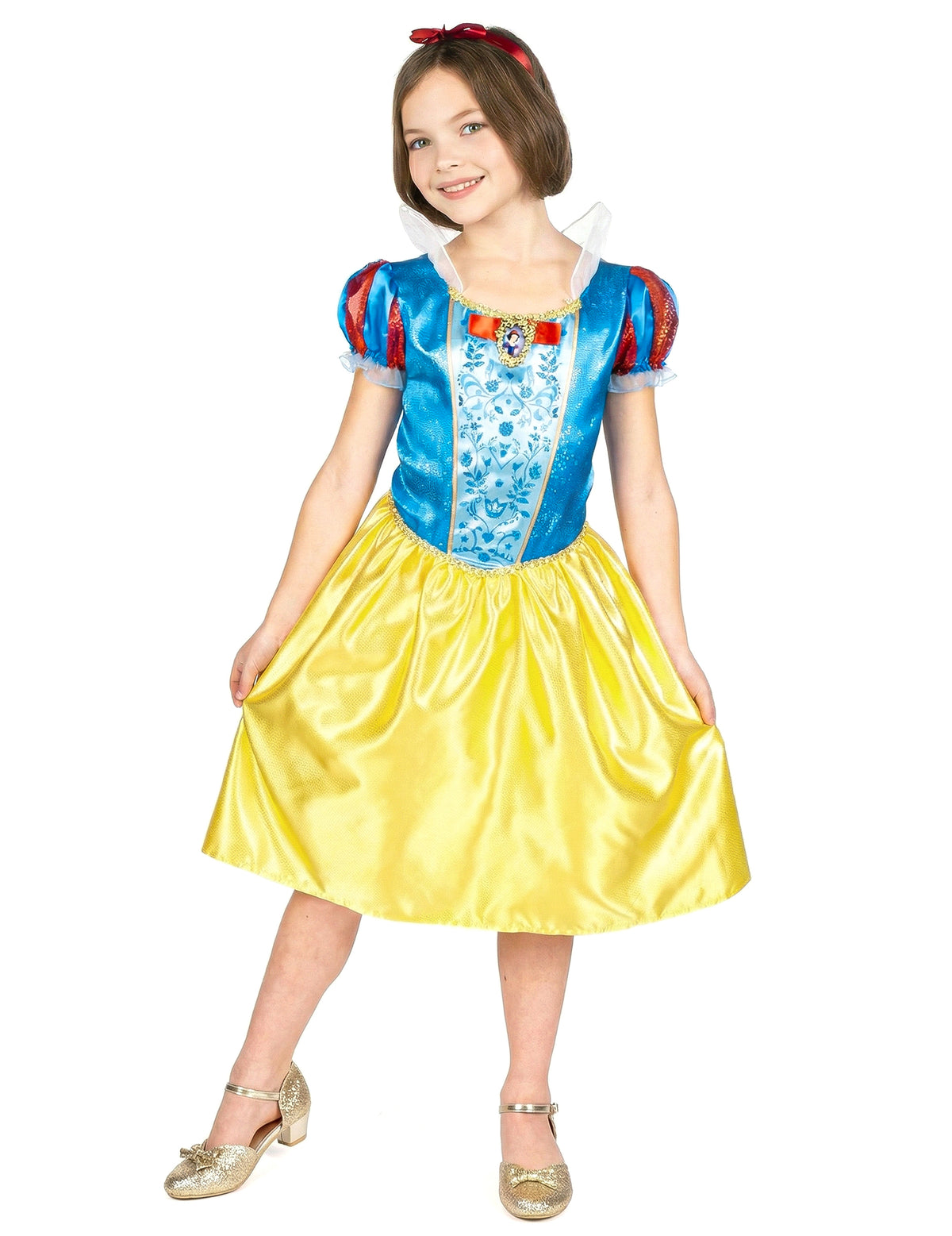 Déguisement Blanche Neige™ classique pour enfant bleu et jaune avec serre-tête rouge