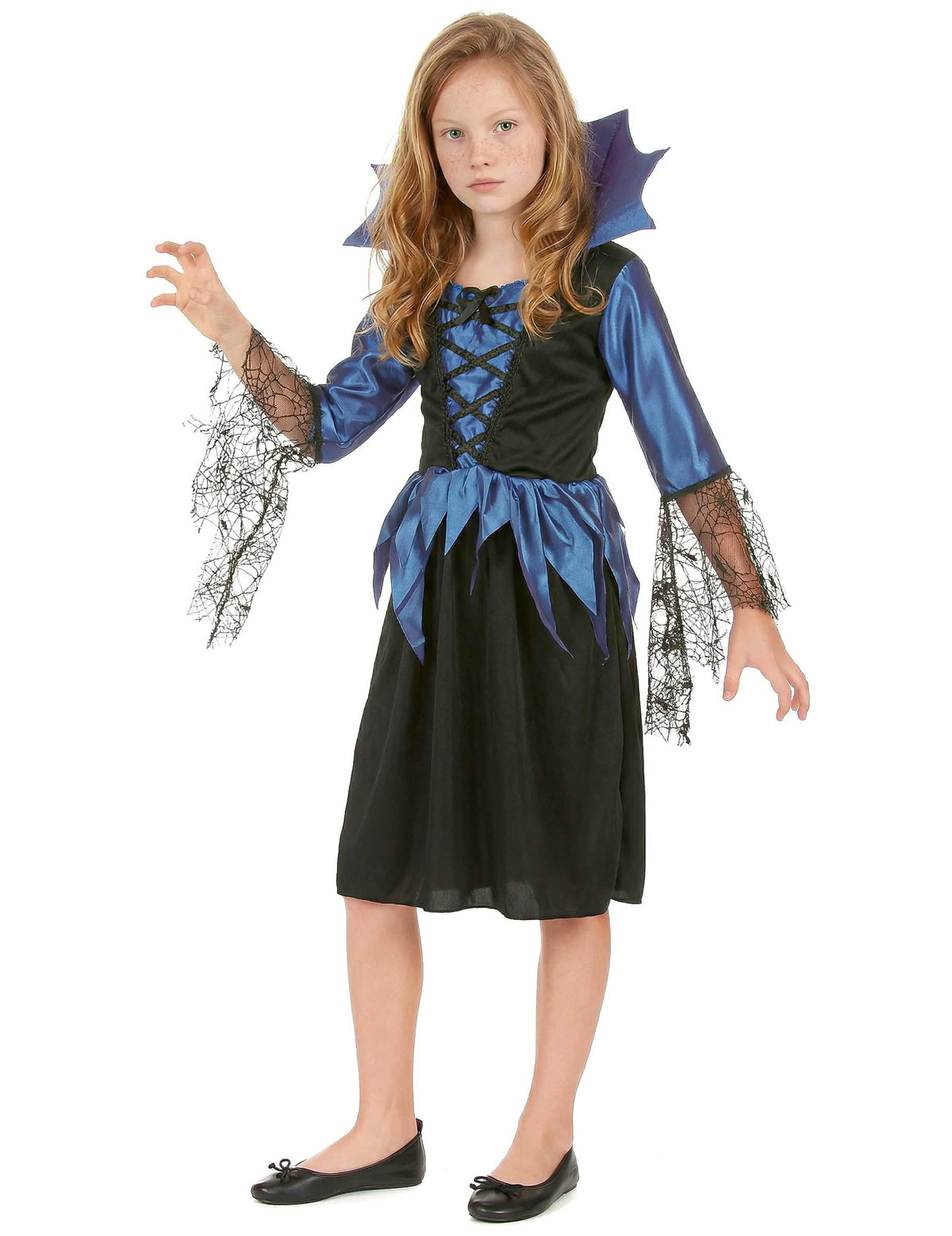 Fato de rainhas aranha para menina azul e preto com mangas em teia de aranha