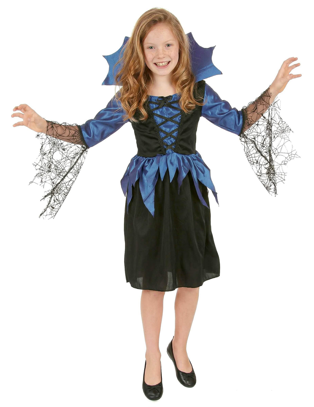 Vista frontal do disfarce de rainhas aranha para menina