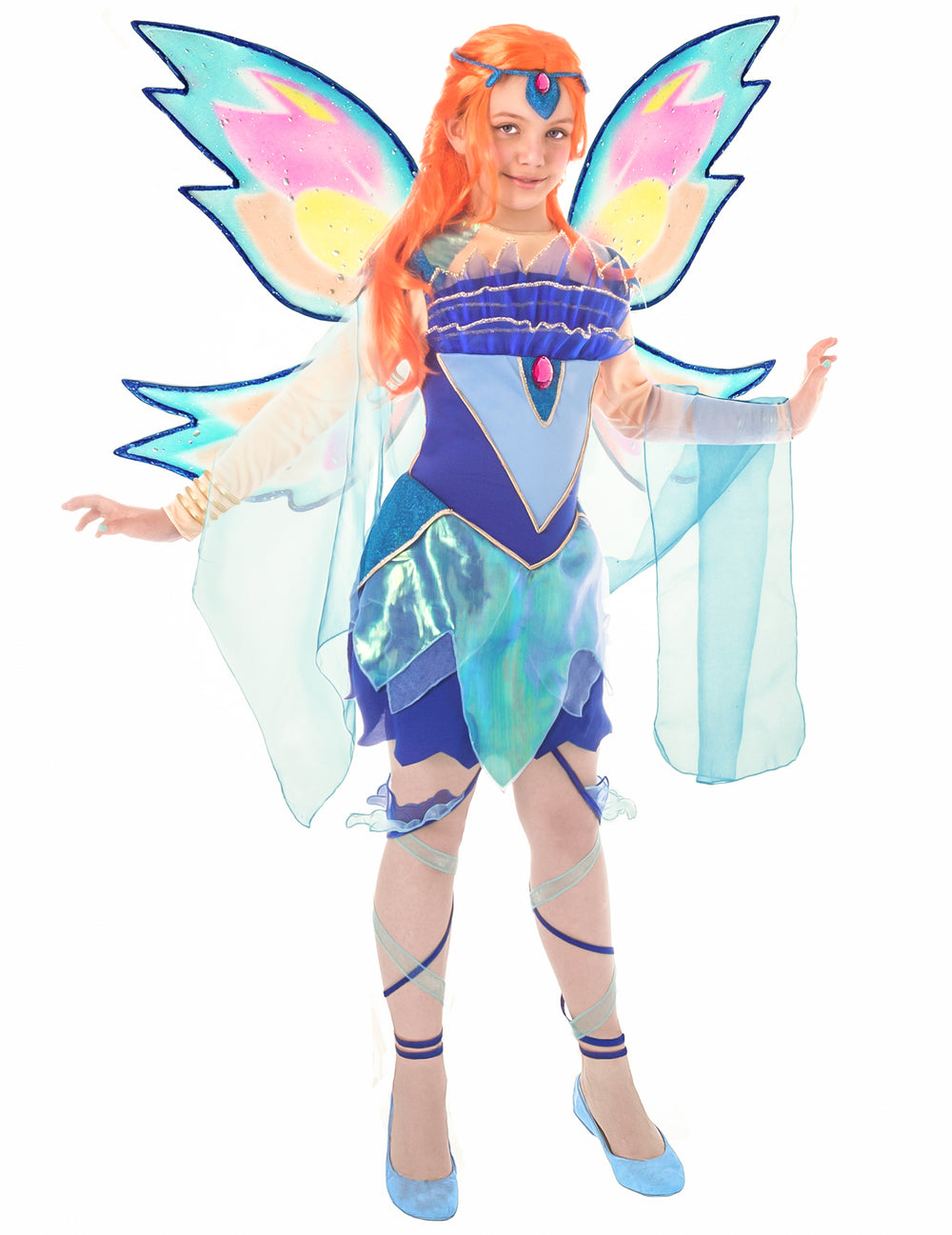 Déguisement Bloom Winx Club pour enfant bleu avec de grandes ailes colorées et perruque rousse