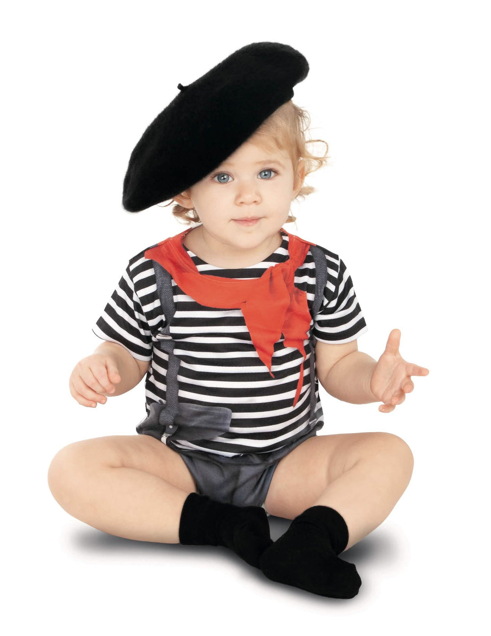 Fato body de mimo para bebé às riscas black and white com boina e lenço vermelho