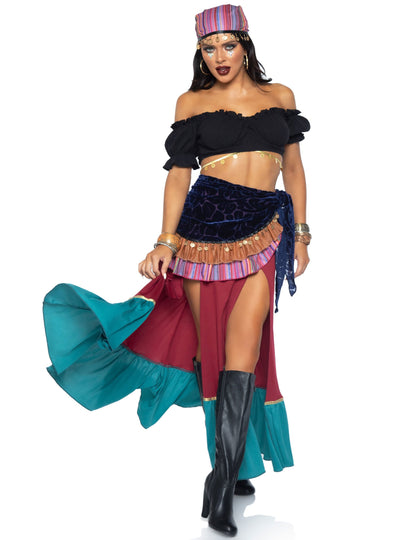Déguisement bohémienne luxe pour femme noir bordeaux et turquoise avec bandana
