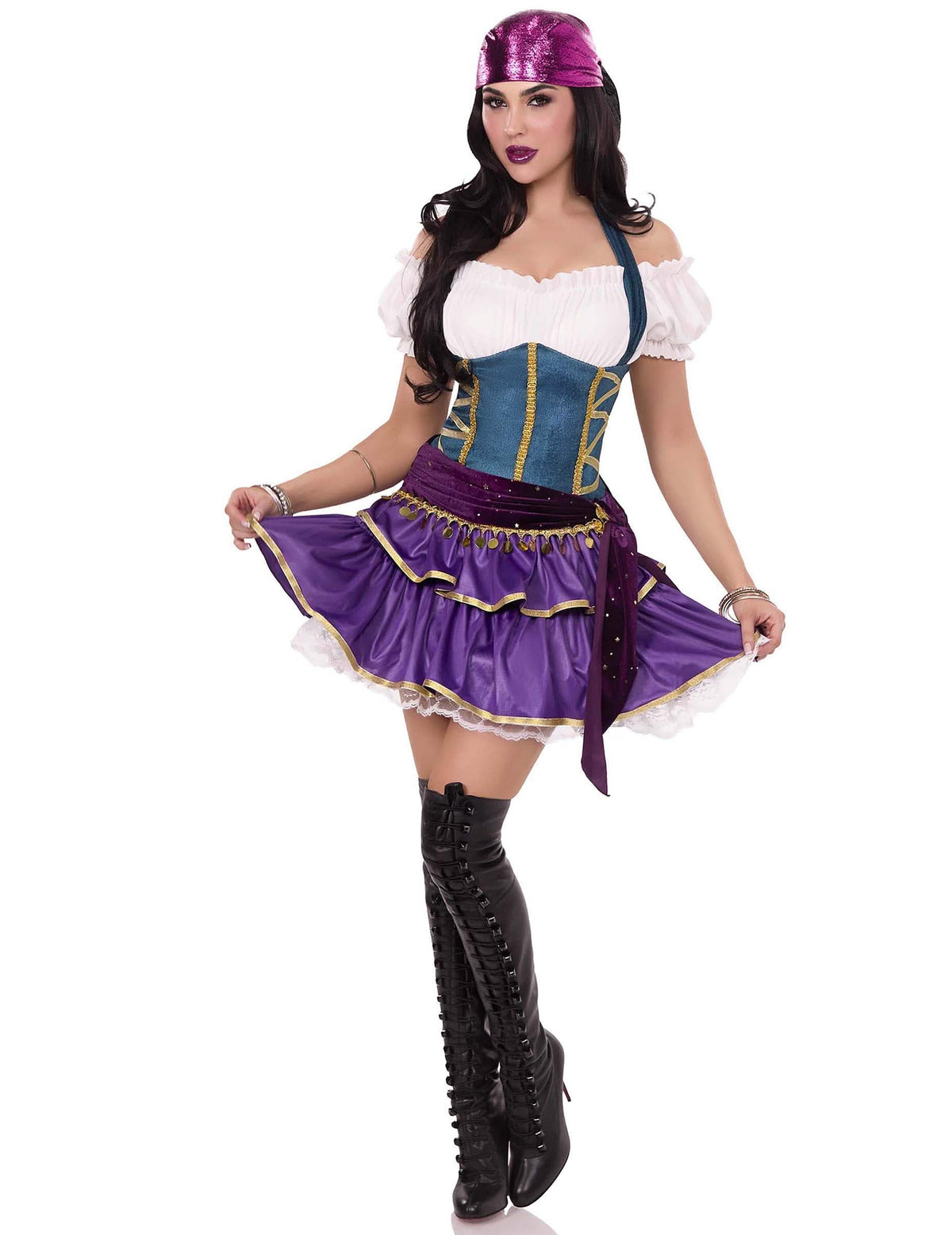 Déguisement bohémienne sexy luxe pour femme violet et bleu avec bustier et bandana