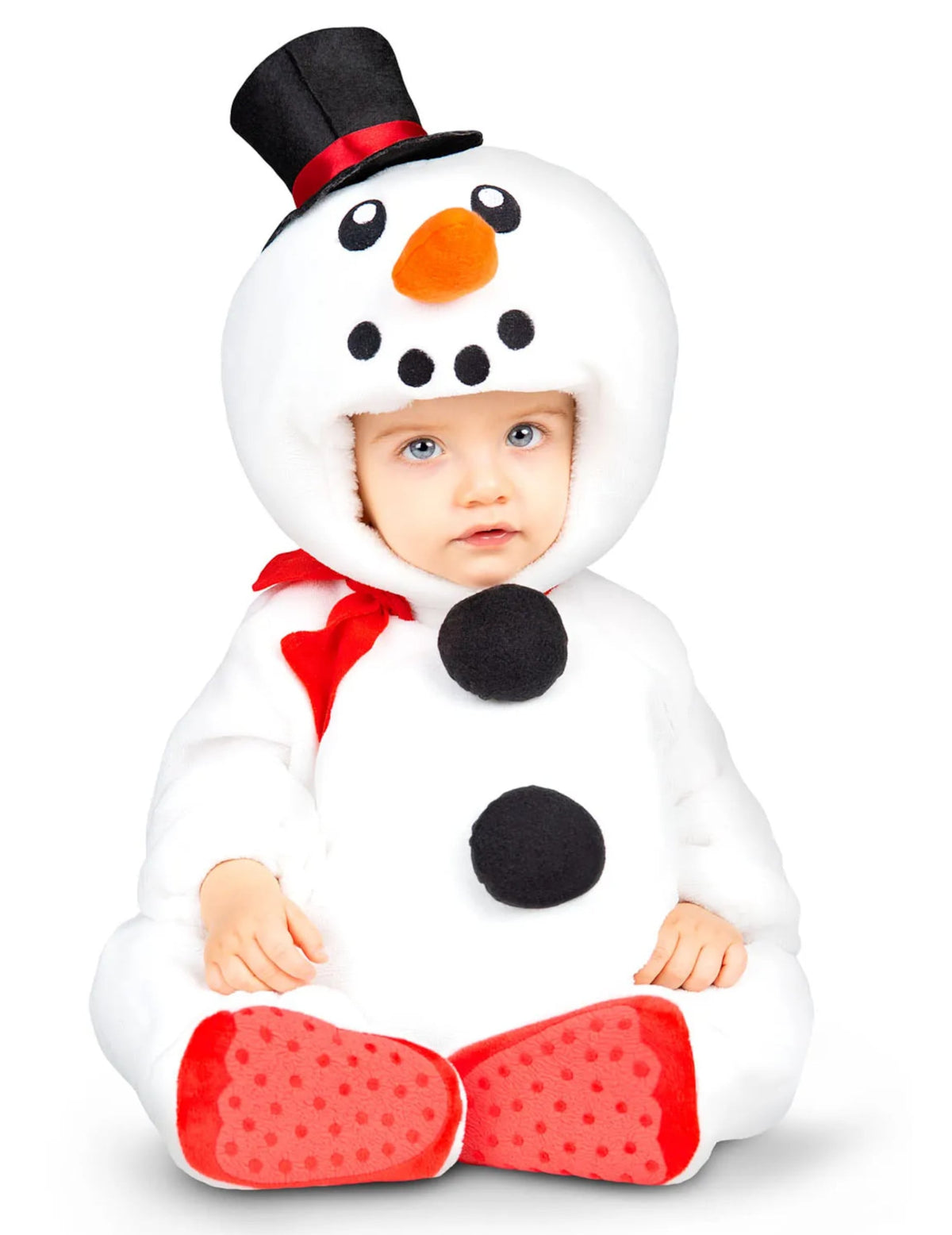 Déguisement bonhomme de neige pour bébé blanc avec chapeau haut de forme et écharpe rouge