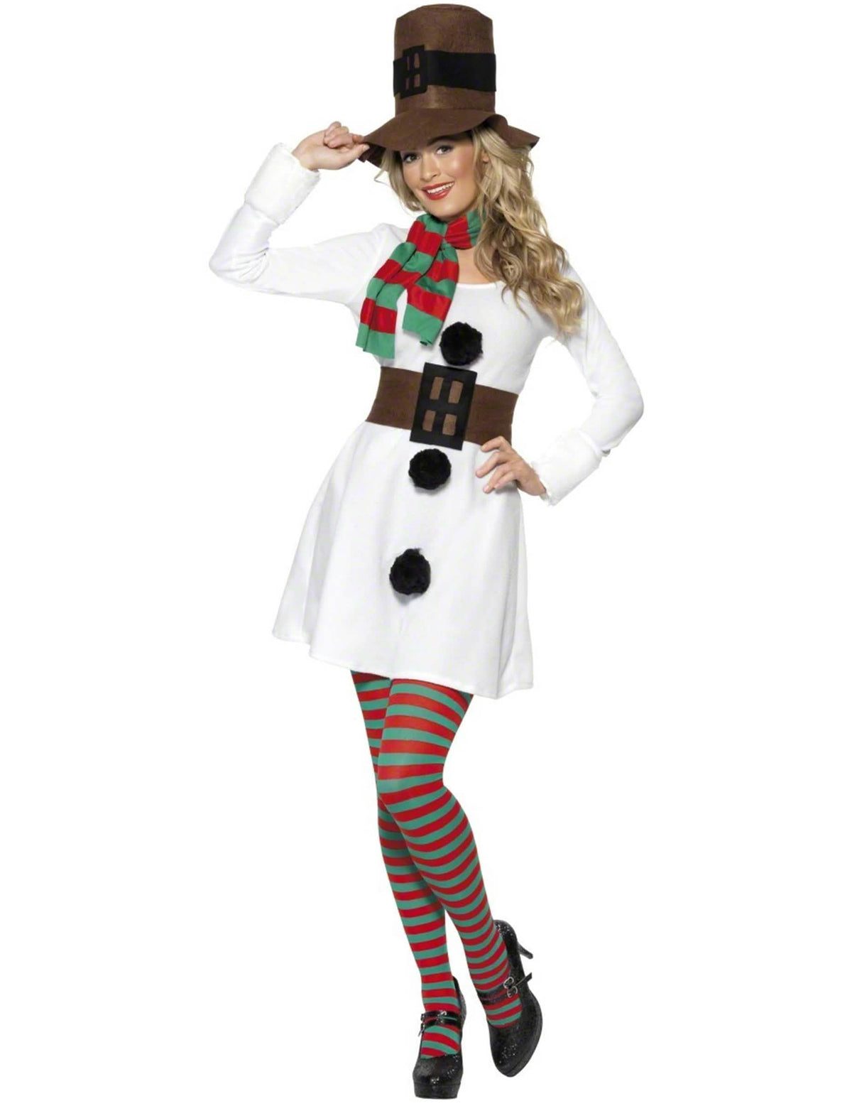 Fato de bonecos da neve para mulher branco com cachecol e collants às riscas vermelho e verde