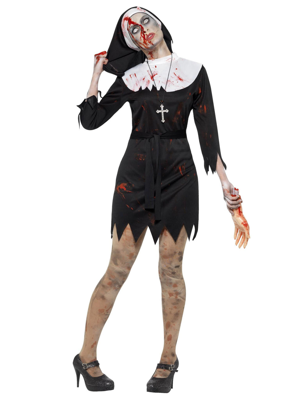 Déguisement bonne soeur zombie pour femme noire et ensanglantée
