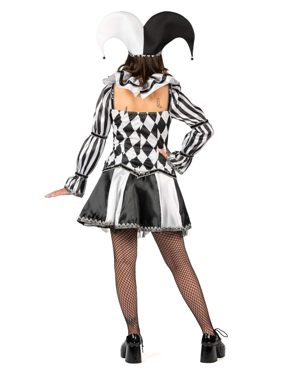 Vue de dos du déguisement de bouffon diabolique pour femme noir et blanc luxe