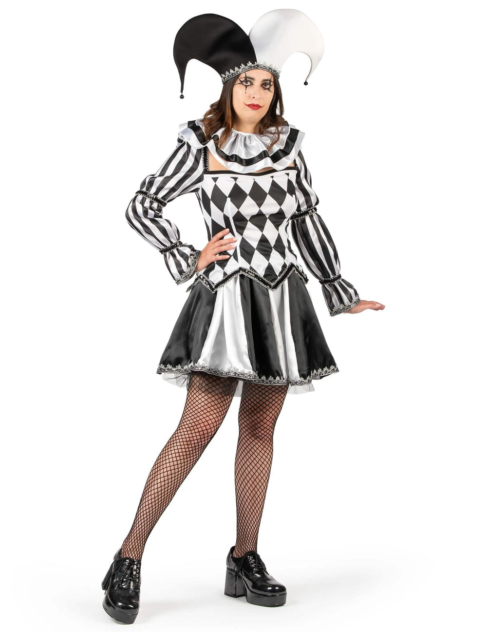 Déguisement bouffon diabolique pour femme noir et blanc luxe avec chapeau