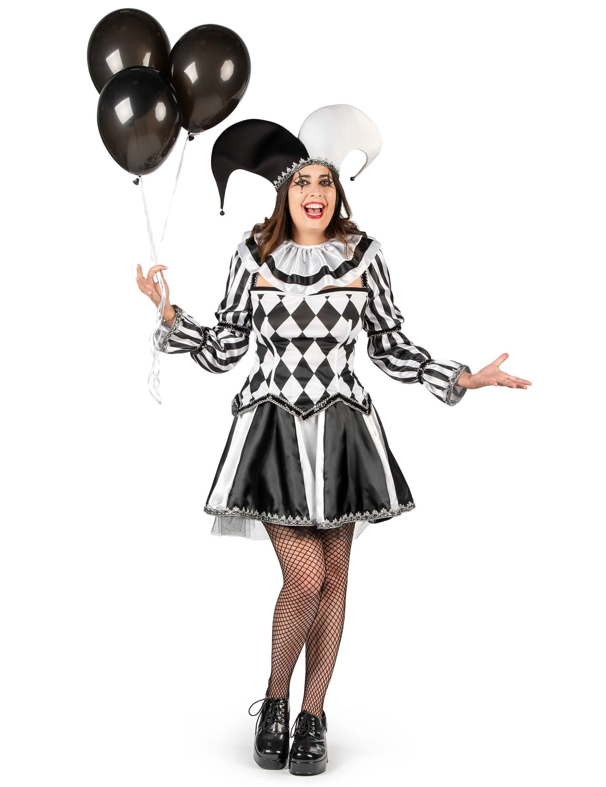 Déguisement de bouffon diabolique pour femme noir et blanc luxe
