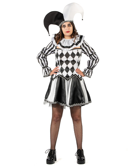 Vue de face du déguisement de bouffon diabolique pour femme noir et blanc luxe