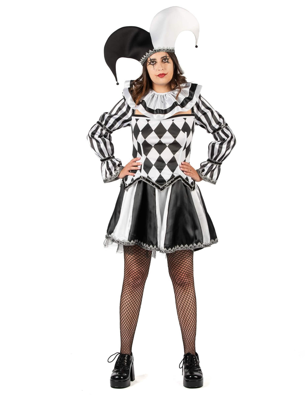 Vue de face du déguisement de bouffon diabolique pour femme noir et blanc luxe