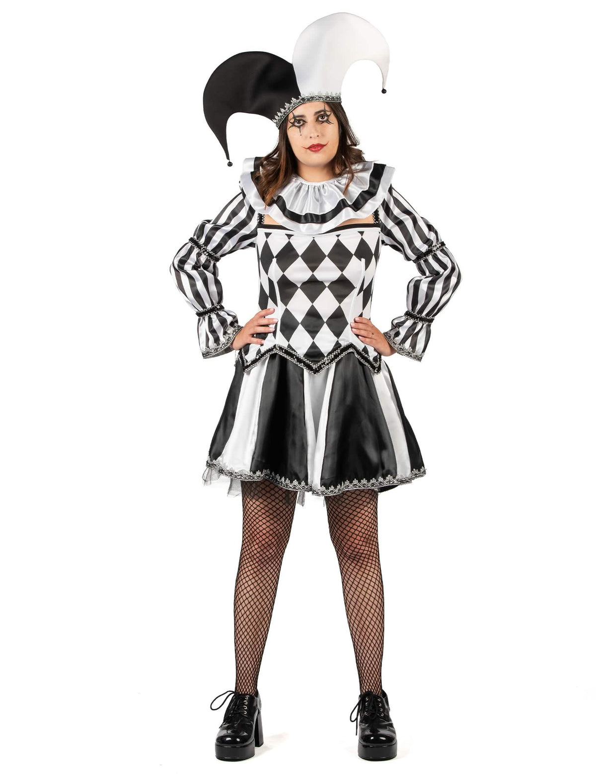 Vue de face du déguisement de bouffon diabolique pour femme noir et blanc luxe