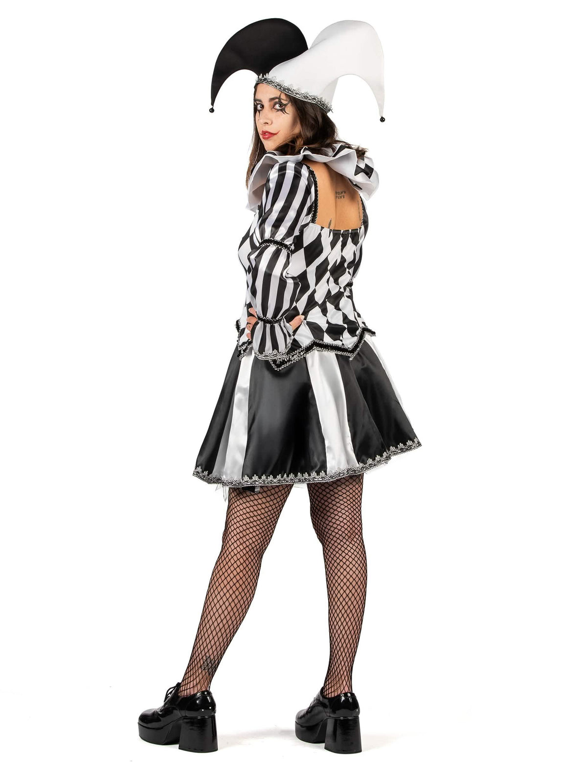 Vue de dos du déguisement de bouffon diabolique pour femme noir et blanc luxe