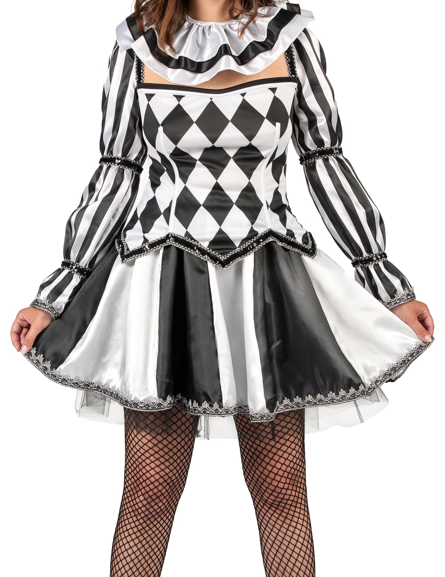 Gros plan sur le bustier et la jupe du déguisement de bouffon diabolique pour femme noir et blanc luxe