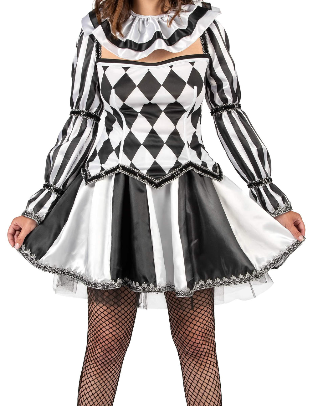 Gros plan sur le bustier et la jupe du déguisement de bouffon diabolique pour femme noir et blanc luxe