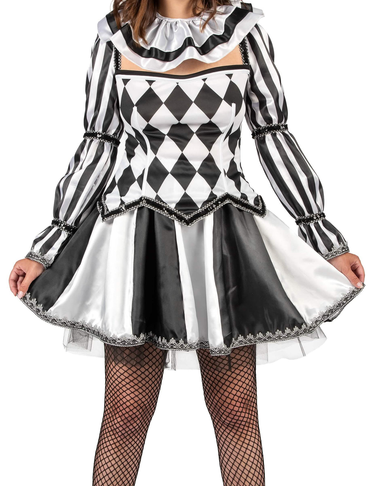 Gros plan sur le bustier et la jupe du déguisement de bouffon diabolique pour femme noir et blanc luxe