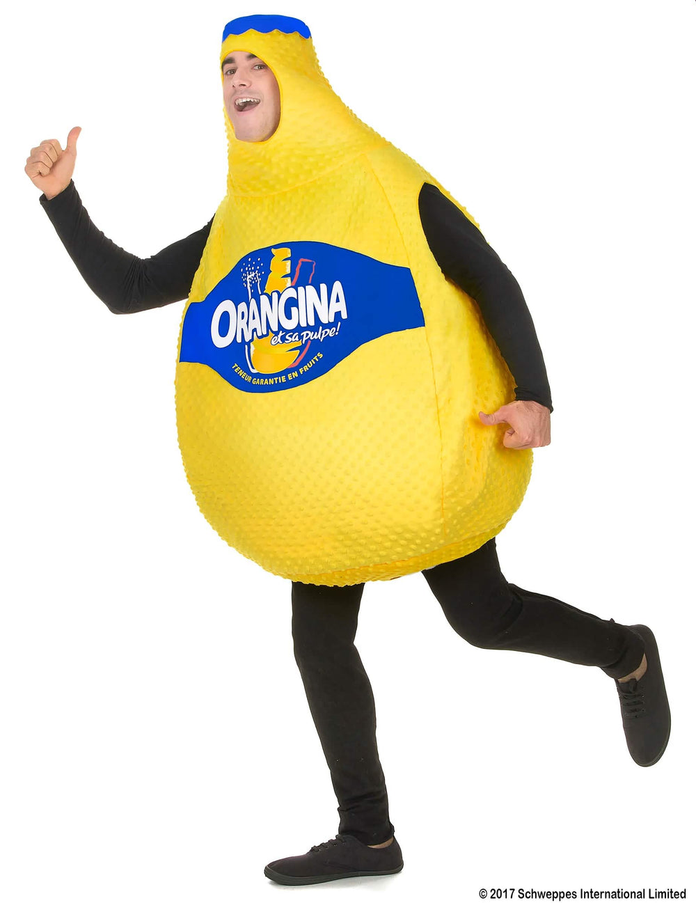 Vista de perfil do fato de festa Bouteille d'Orangina™ para adulto