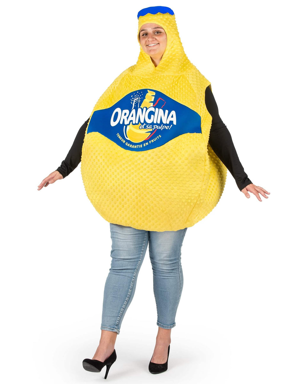 Vista frontal do fato Bouteille d'Orangina™ para adulto