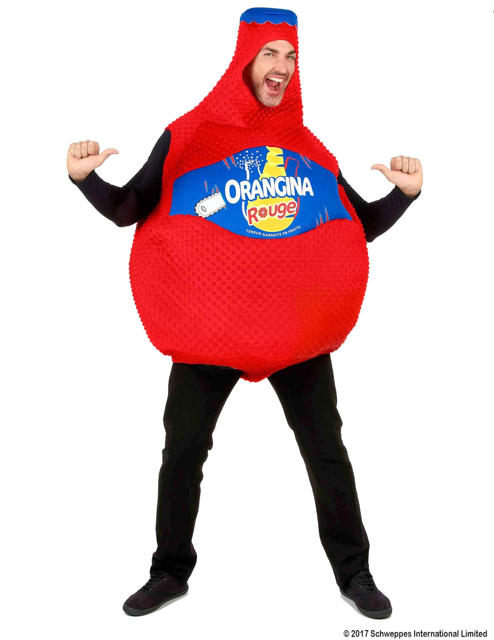 Vista frontal geral do disfarce de garrafa de Orangina vermelho