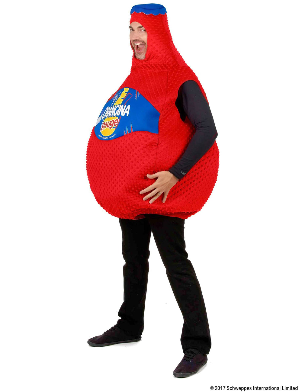 Vista de perfil do disfarce de garrafa de Orangina vermelho