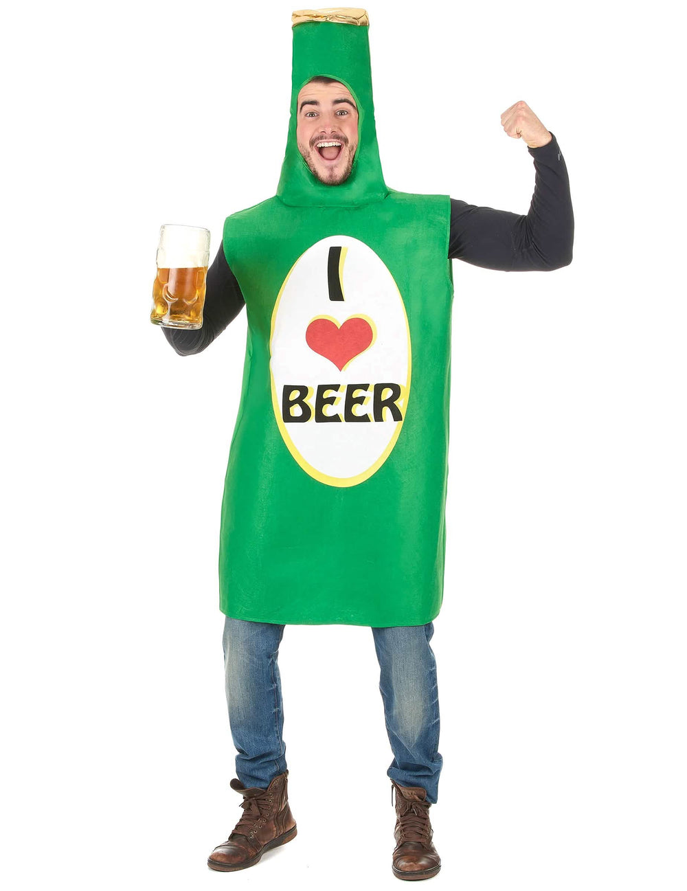 Fato de garrafa de cerveja para adulto verde com etiqueta I love beer
