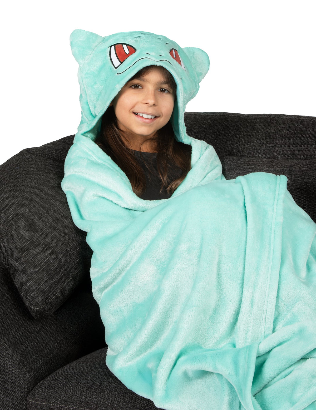 Vue de face porté du déguisement plaid polaire à capuche Bulbizarre Pokémon