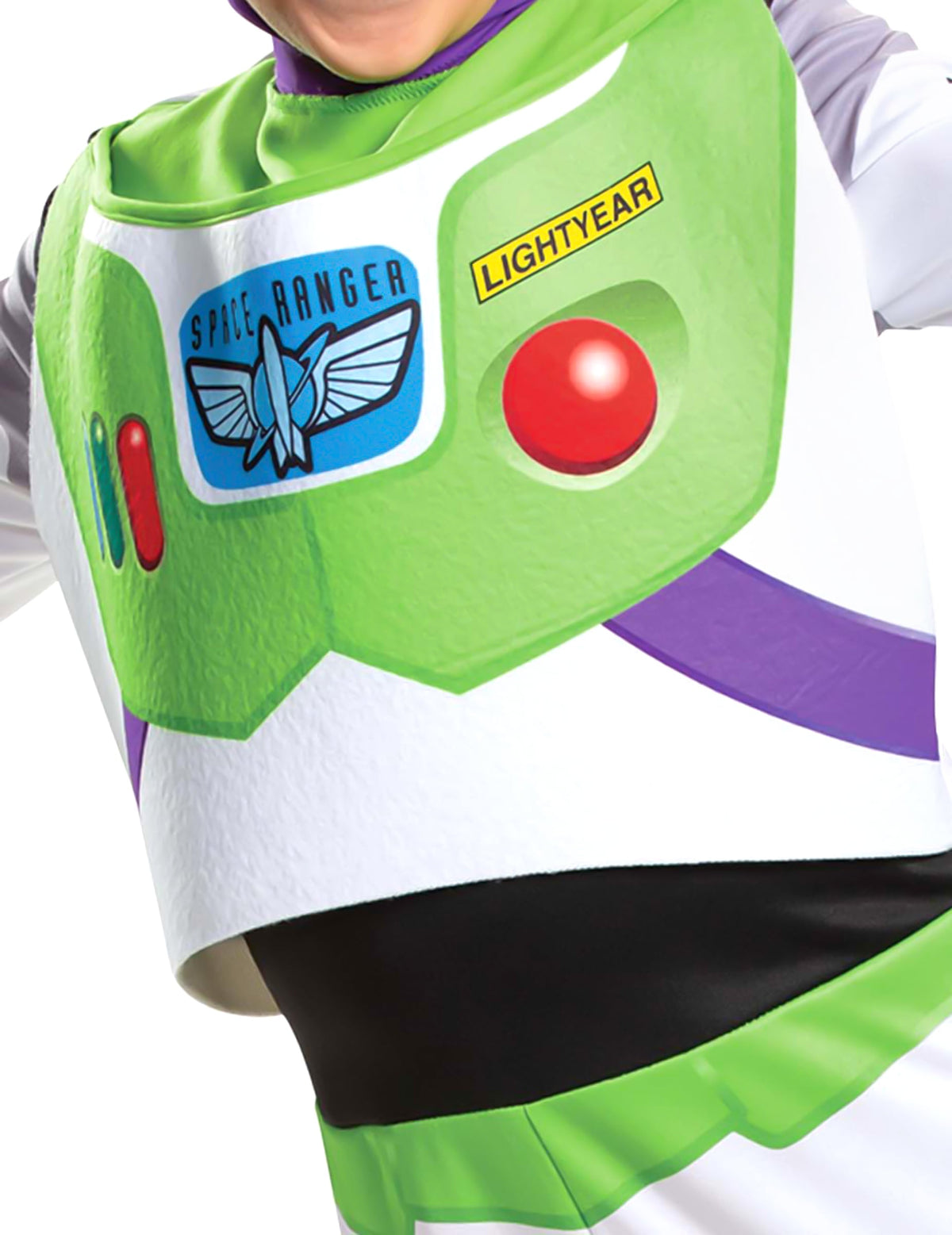 Détail du plastron et des logos du déguisement Buzz l'Eclair deluxe