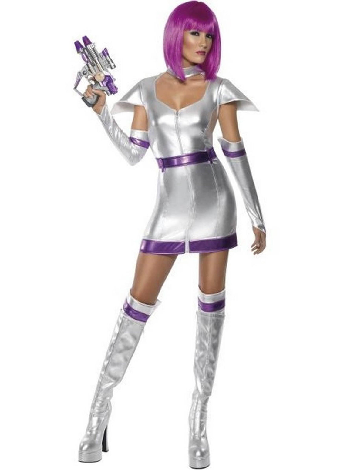 fato de carnaval de cadete espacial para mulher prateado e roxo