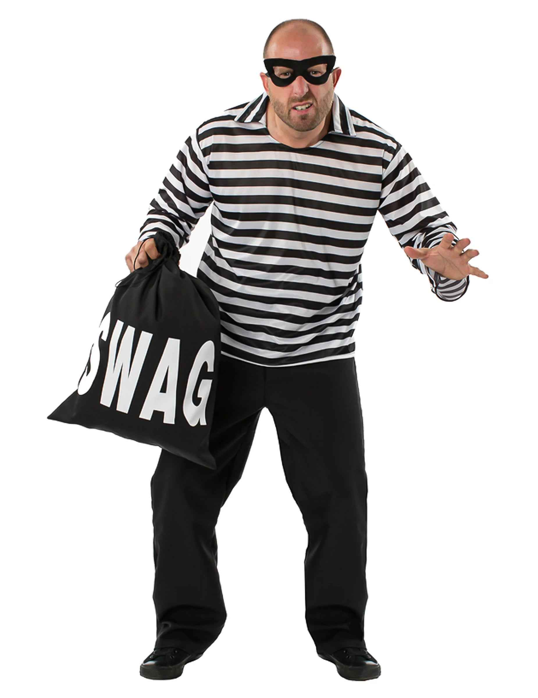 Déguisement de cambrioleur rayé pour homme noir et blanc avec masque et sac swag
