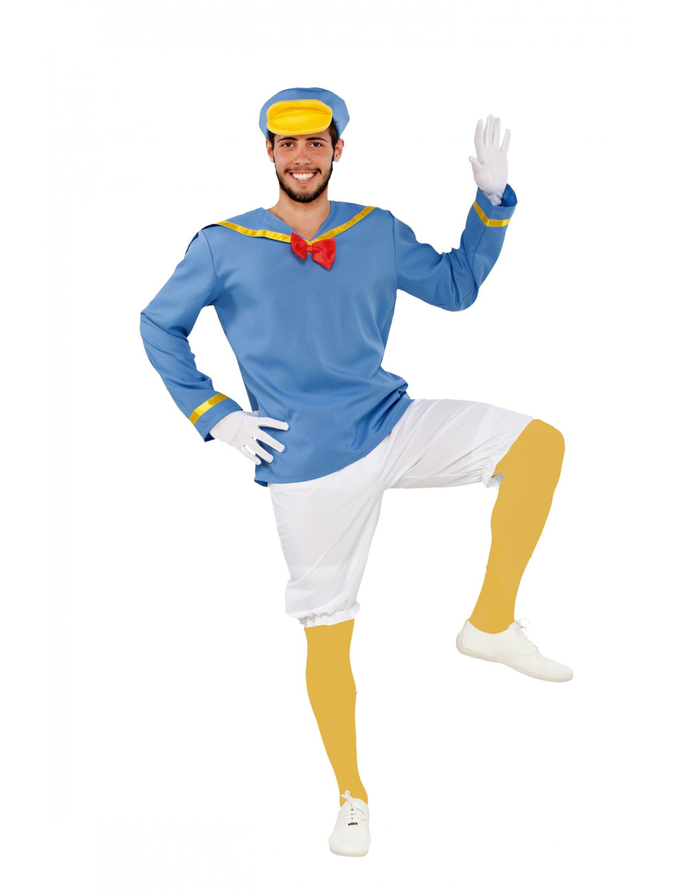 Déguisement canard marin pour homme bleu blanc et jaune avec nœud papillon rouge