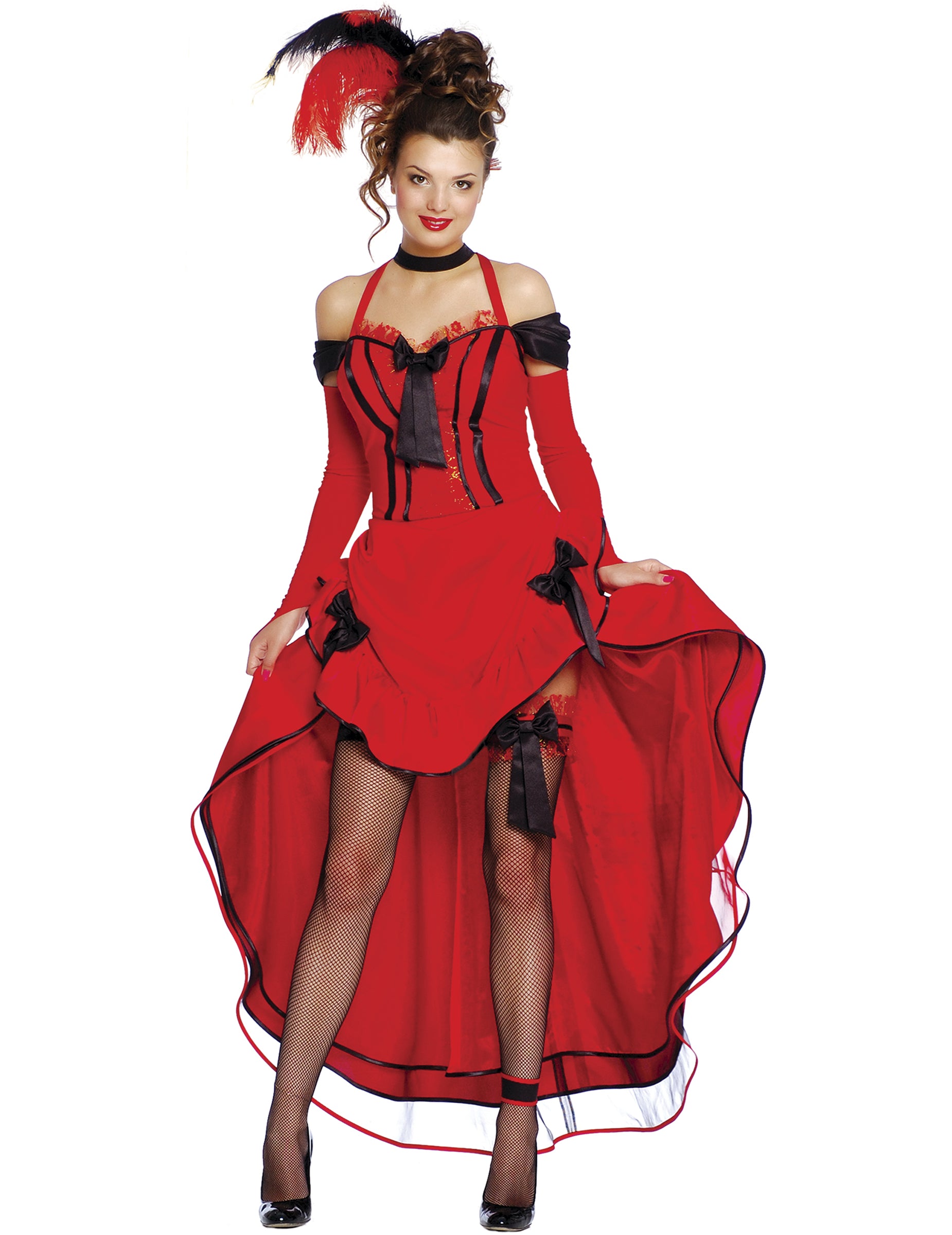 Déguisement cancan pour femme rouge avec noeuds noirs