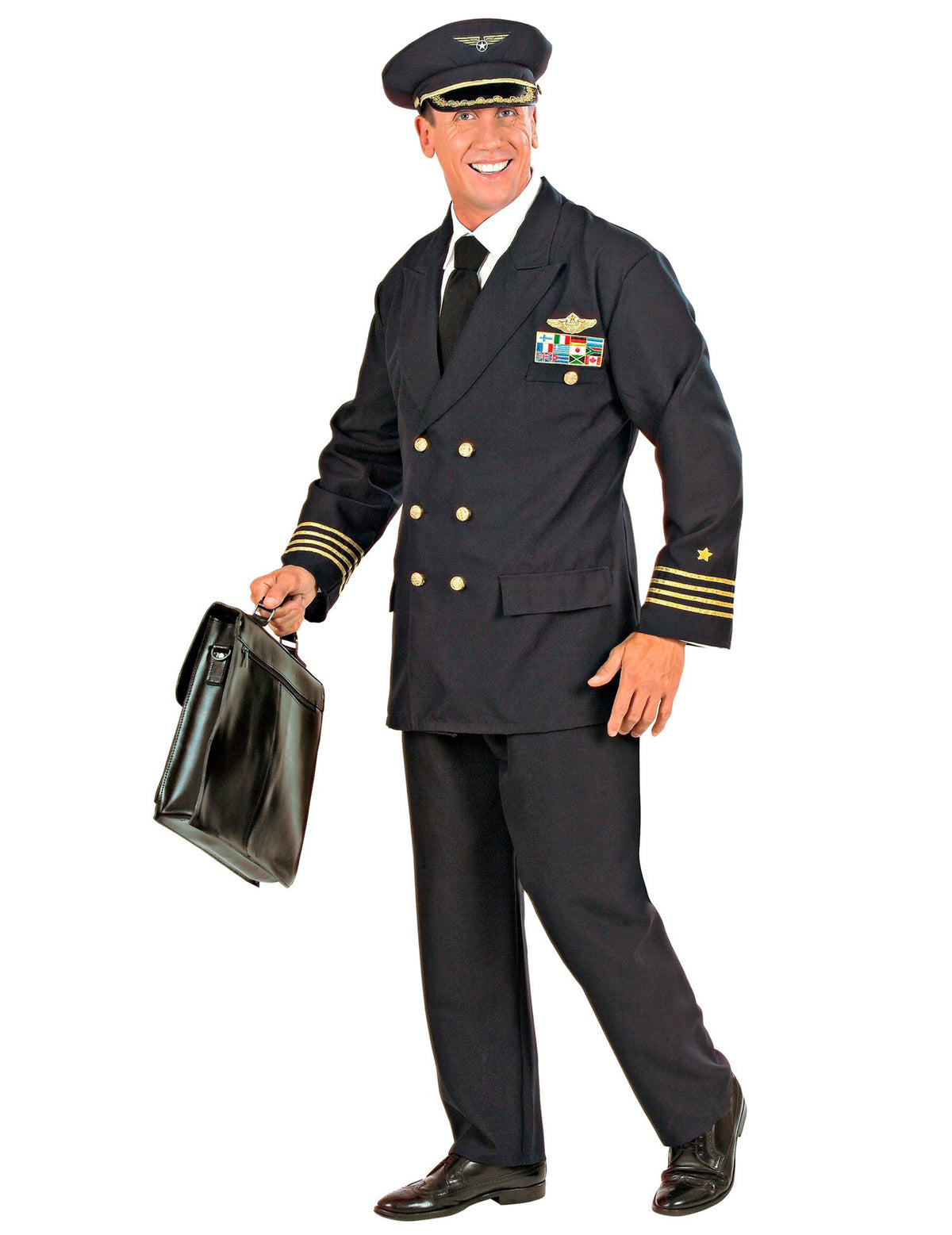 Déguisement capitaine d'avion pour homme bleu marine avec galons dorés et casquette
