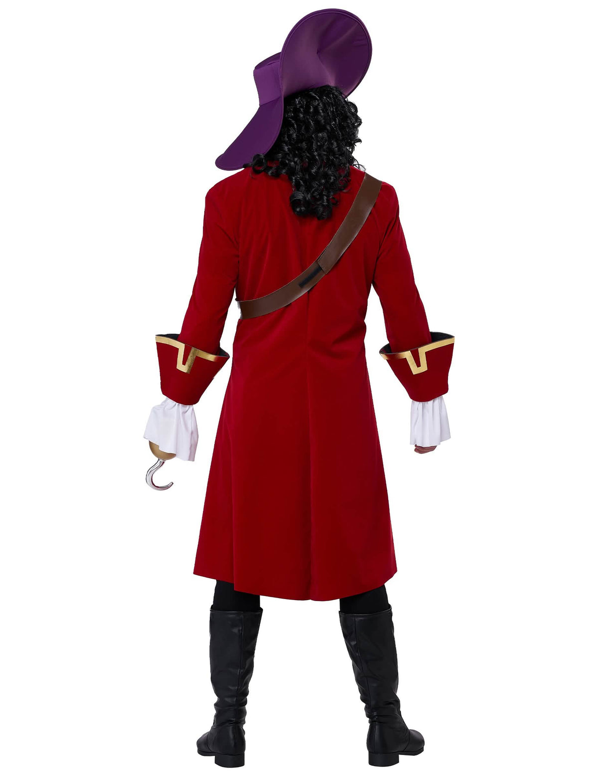 Vista traseira do fato de pirata capitão com gancho de luxo para homem