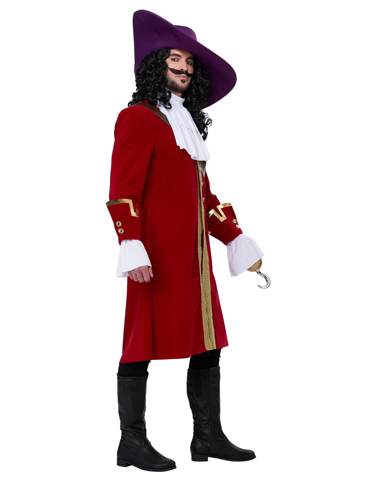 Vista de perfil do disfarce de capitão pirata de luxo com gancho para homem