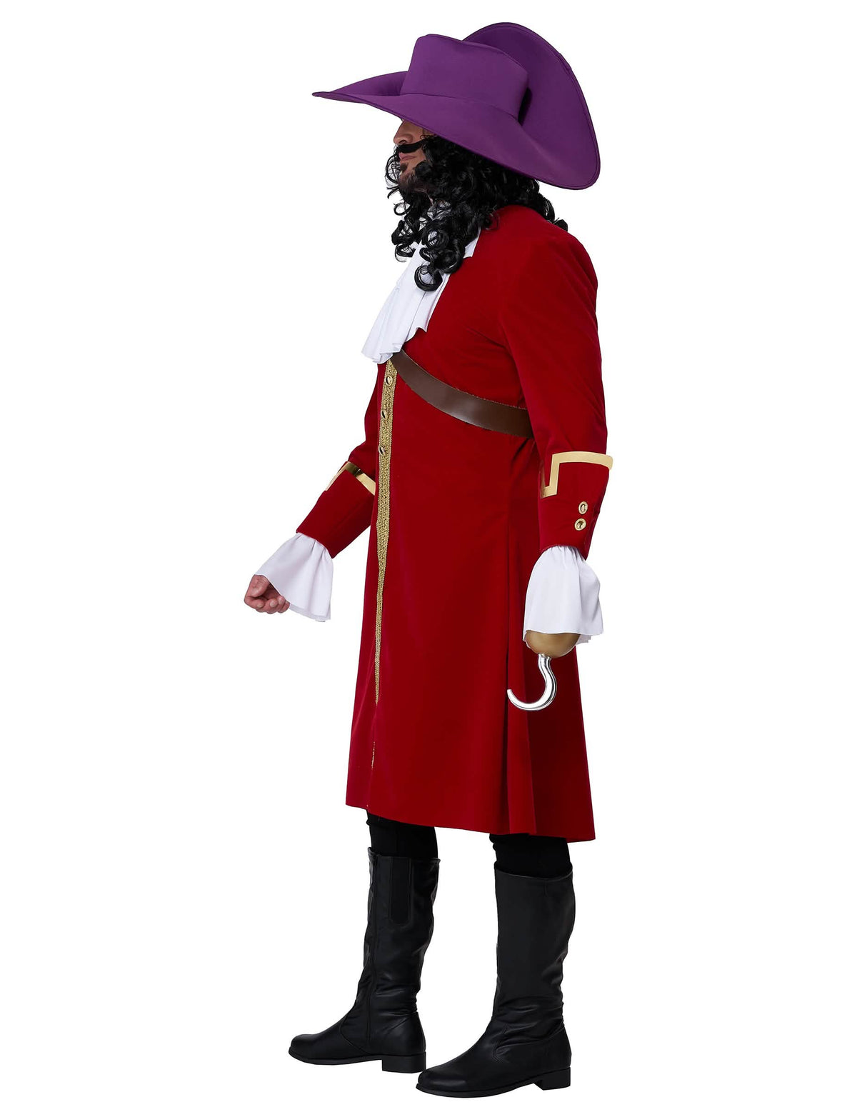 Vista de perfil do disfarce de capitão pirata de luxo com gancho para homem
