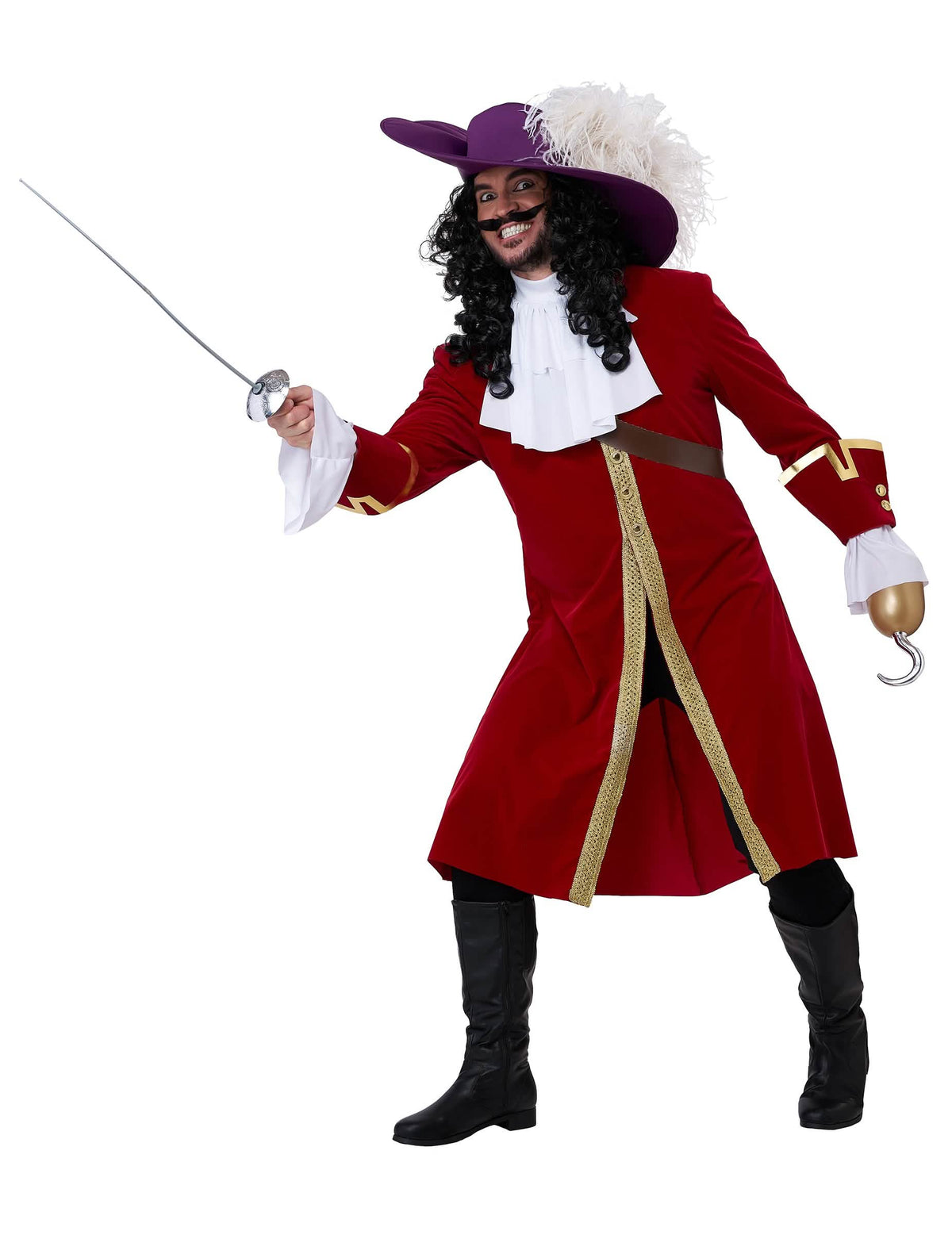 Posição de ação com espada do fato de capitão pirata com gancho luxo
