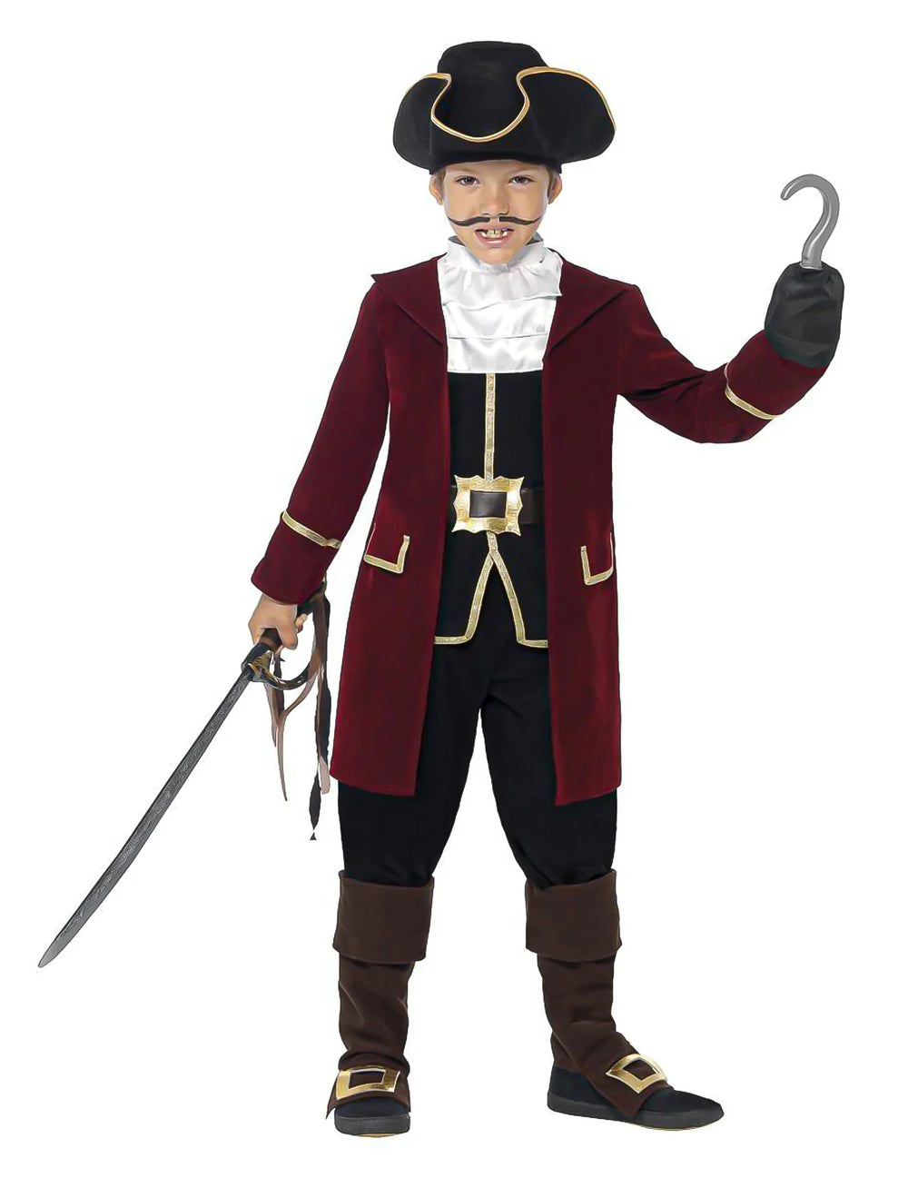 Déguisement de capitaine pirate pour garçon rouge bordeaux et noir avec crochet
