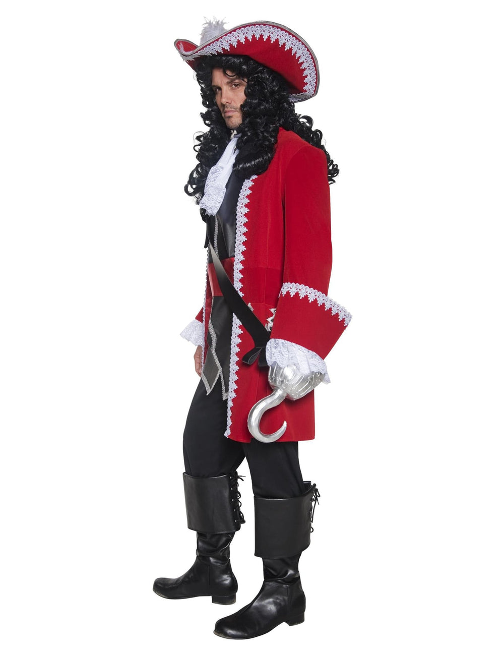 Vue de profil du déguisement capitaine pirate pour homme rouge luxe