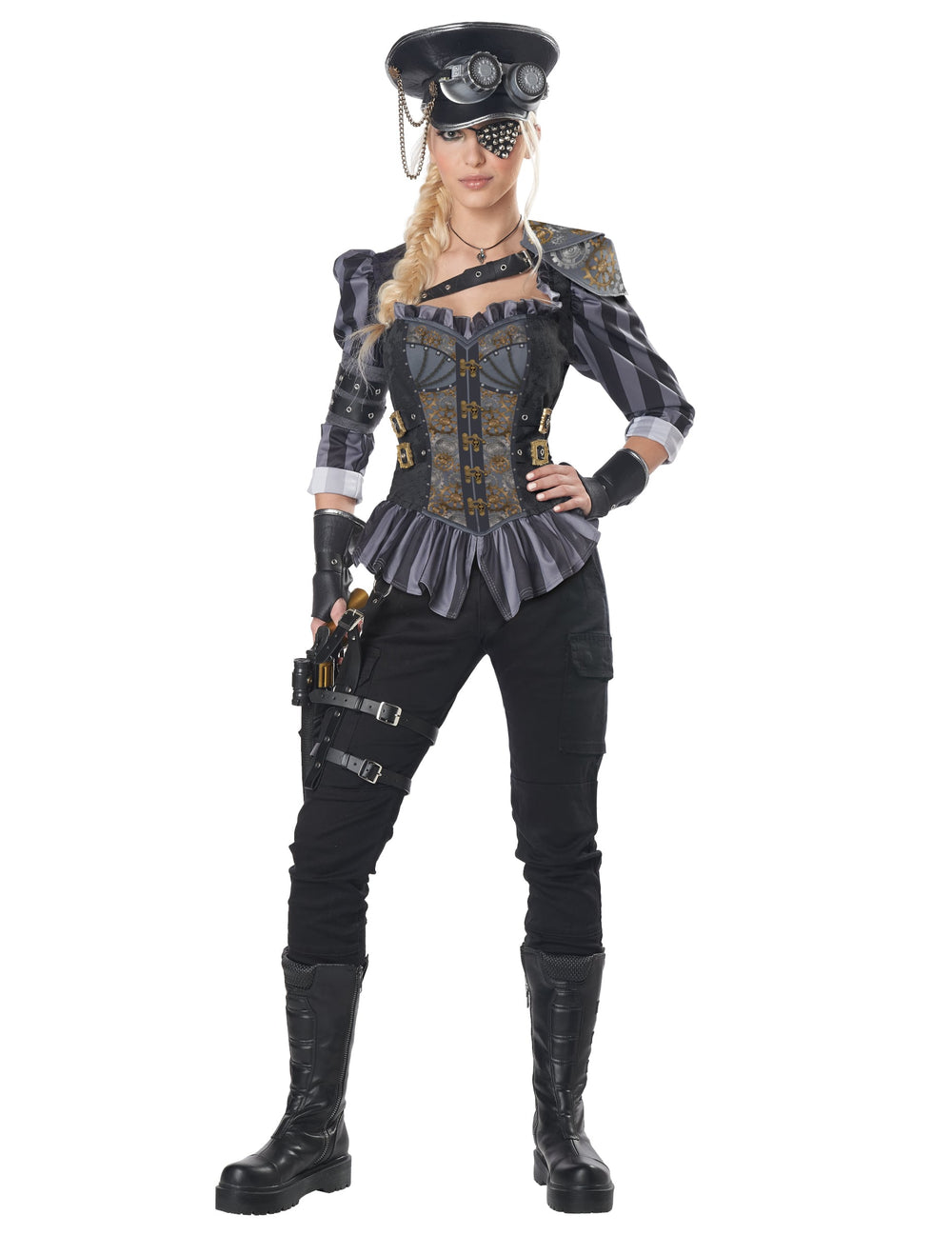 Déguisement de capitaine steampunk luxe pour femme noir et gris avec corset et chapeau