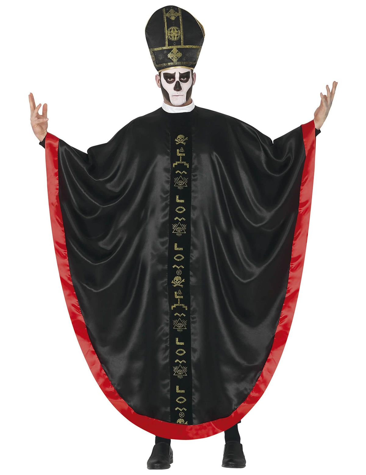 Fato de cardeal satânico para adulto preto e vermelho com motivos dourados