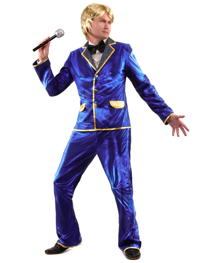 Déguisement chanteur disco pour homme bleu brillant avec liserés dorés