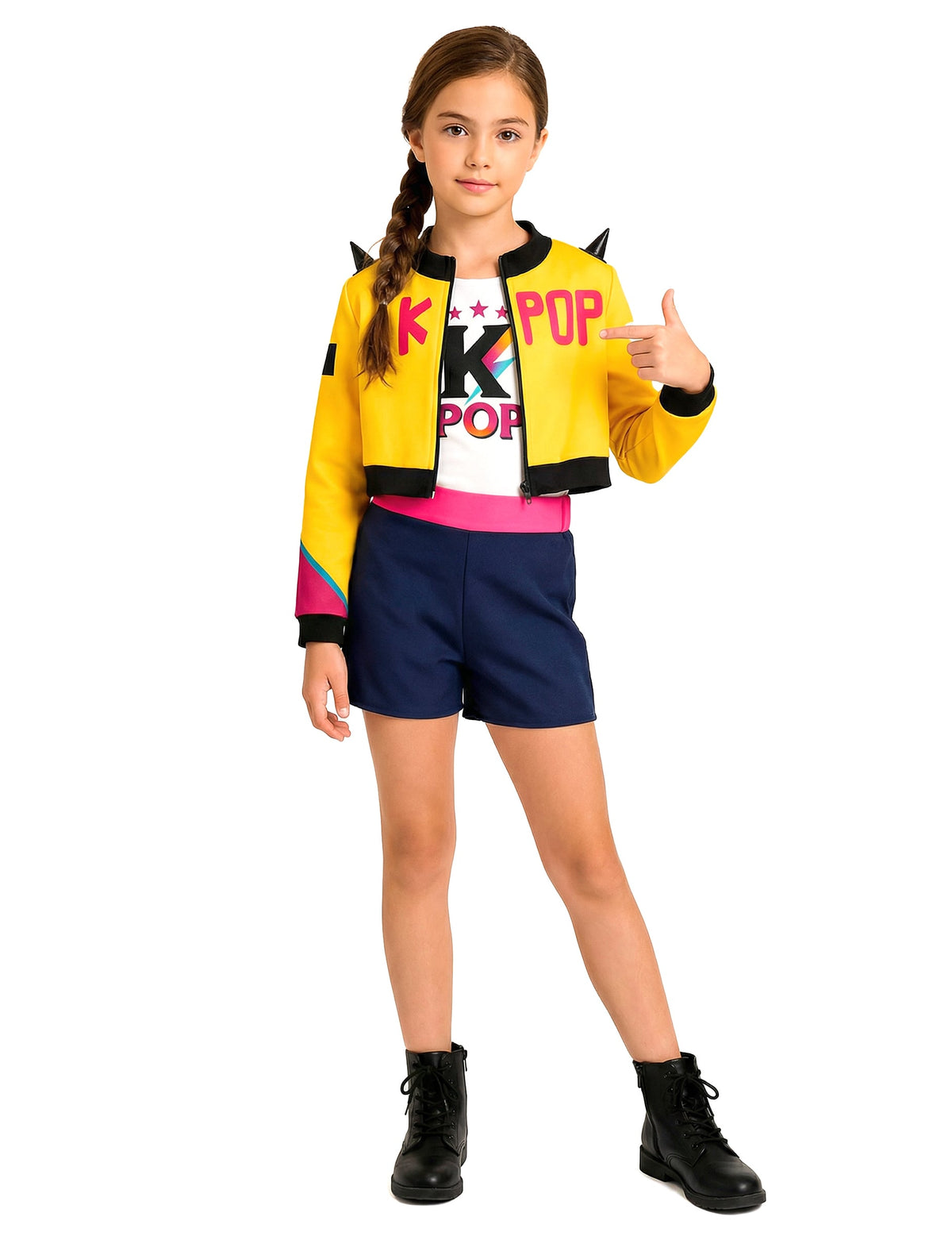Déguisement chanteuse Kpop pour fille jaune et bleu avec veste à piques