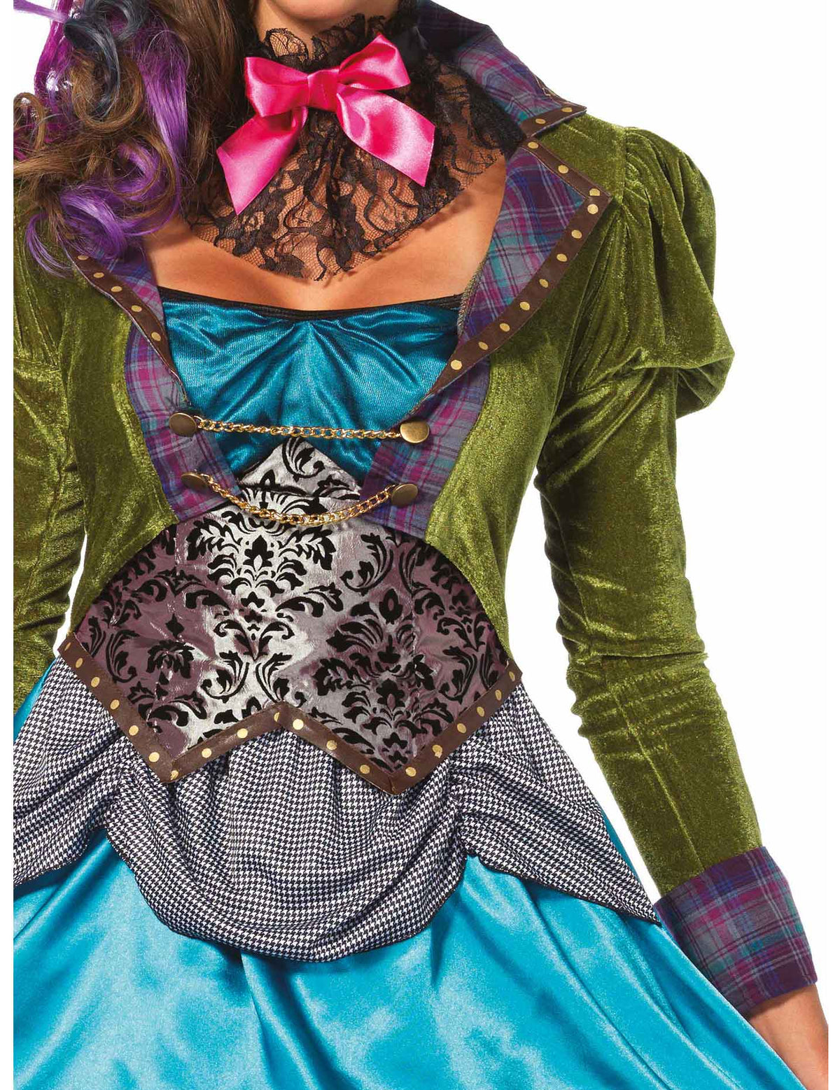 Gros plan sur le bustier et les matières du déguisement de chapelier fou pour femme