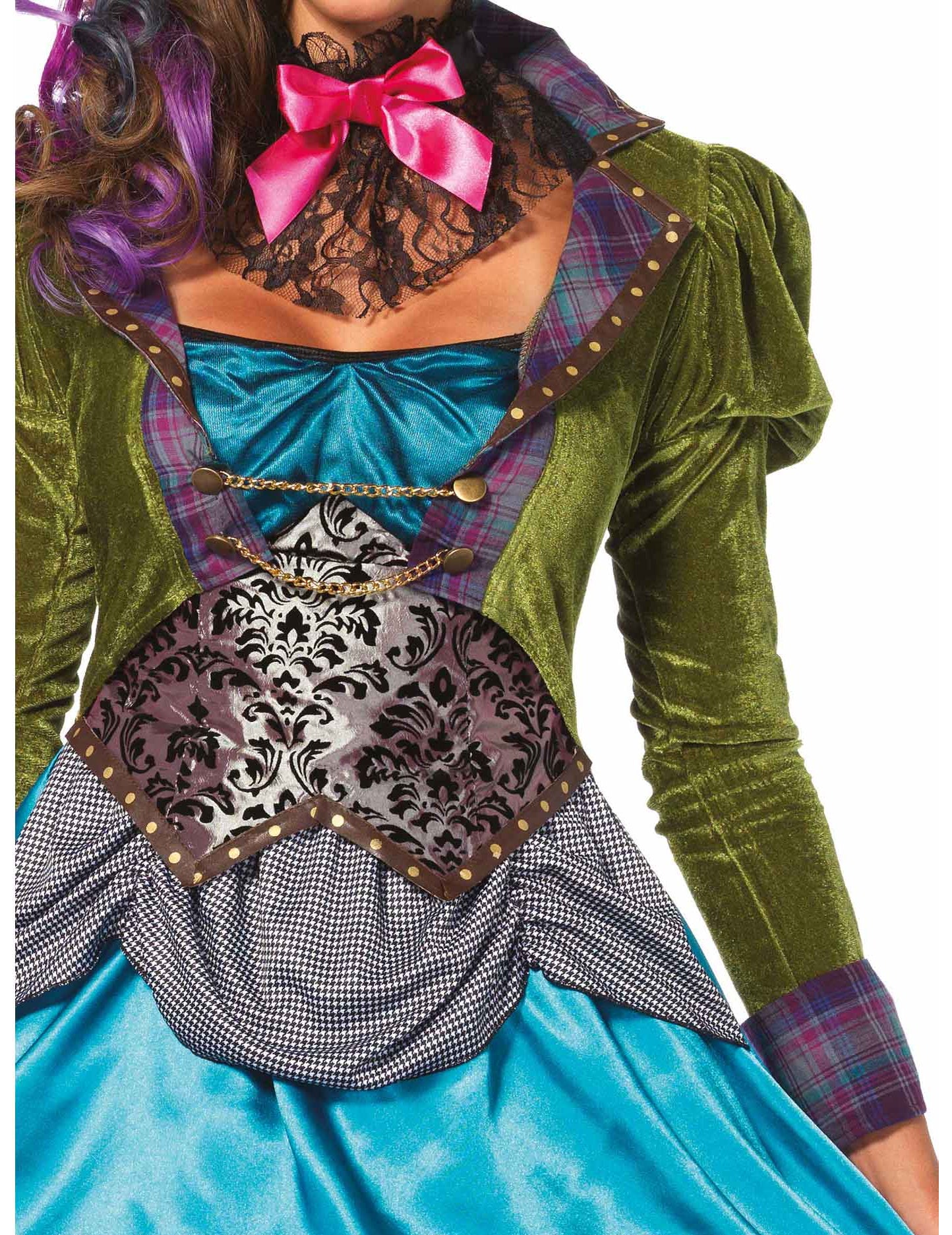 Gros plan sur le bustier et les matières du déguisement de chapelier fou pour femme