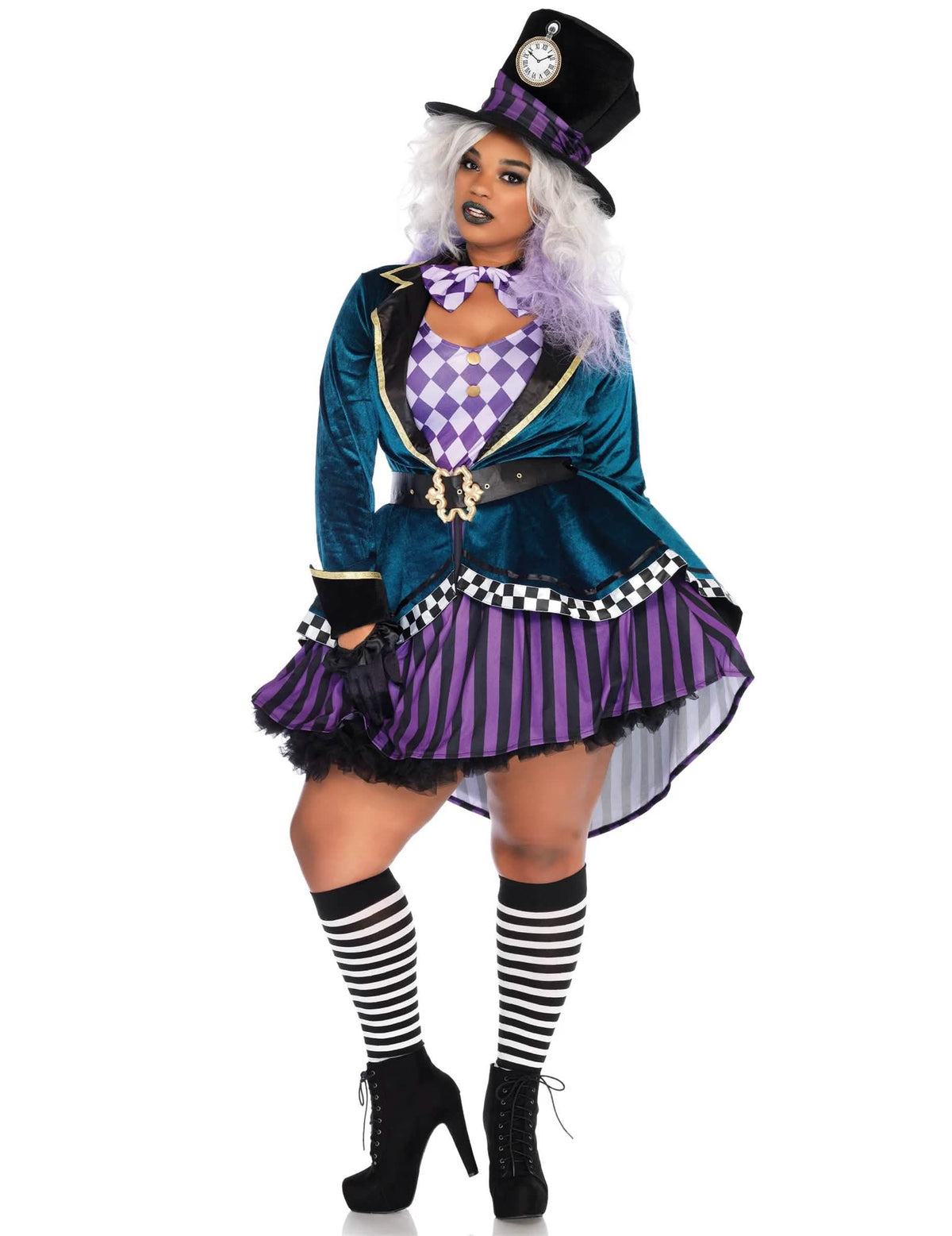Fato de chapéu louco para mulher roxo e azul-petróleo às riscas e xadrez
