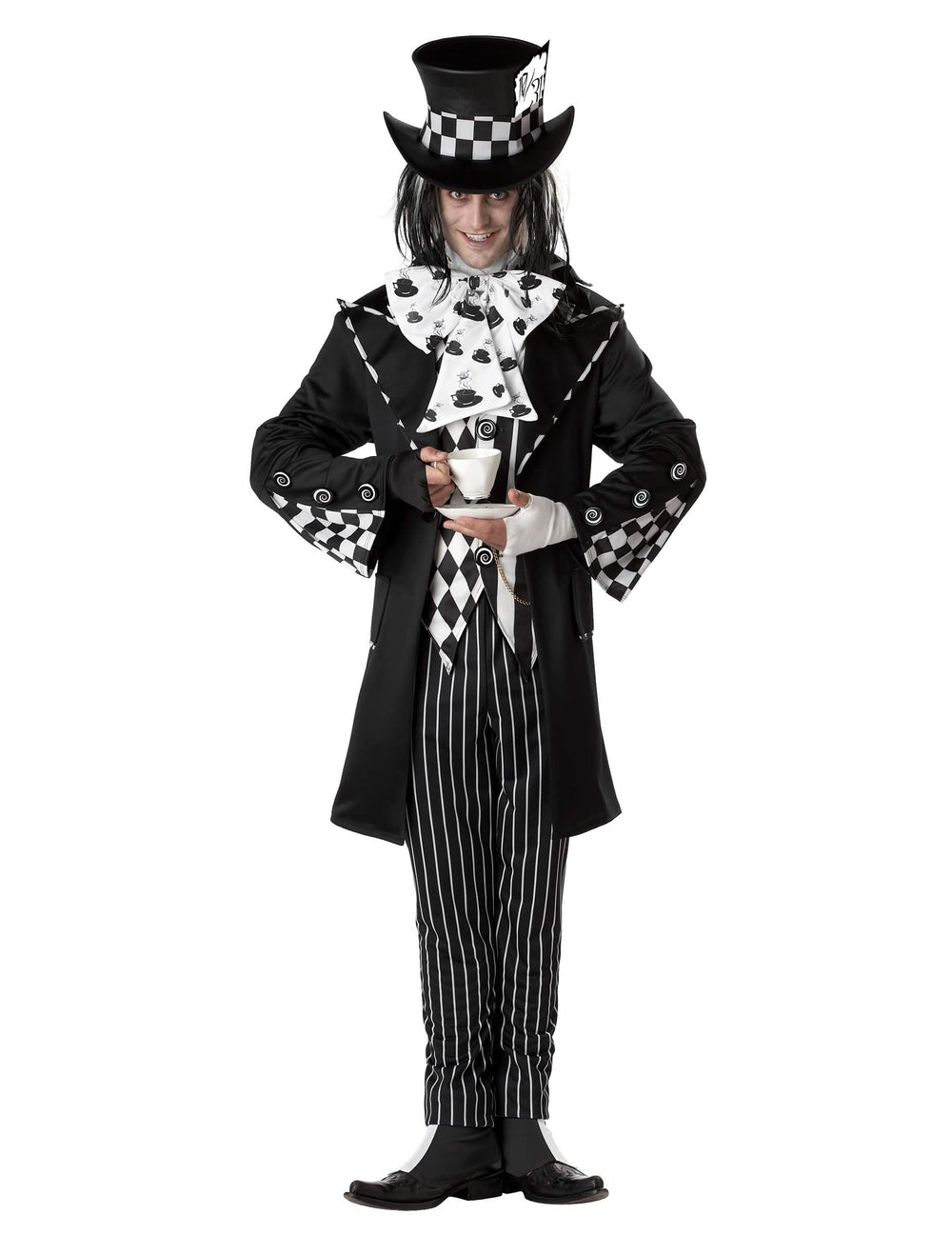 Fato de chapéu louco para homem black and white com chapéu alto de copa