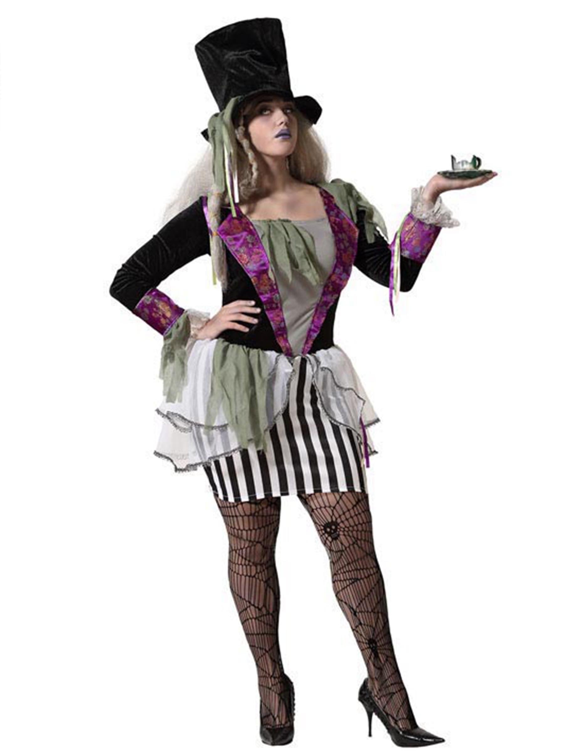 Déguisement chapelier sombre pour femme noir et violet avec jupe rayée et chapeau haut de forme