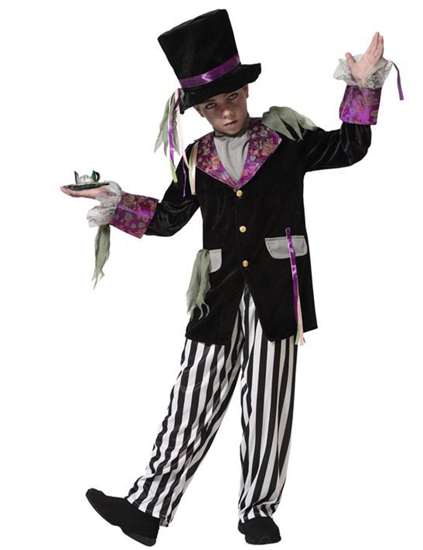 Déguisement de chapelier sombre pour garçon noir et violet avec pantalon rayé et haut-de-forme